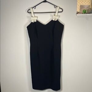 Vintage Black Sheath Dress with white Spaghetti Pearls Bow Straps